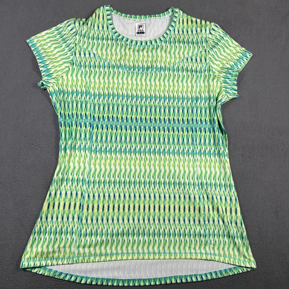Fila Athletic Top Womens XL Green Blue Geometric Short Sleeve Keyhole Tee
